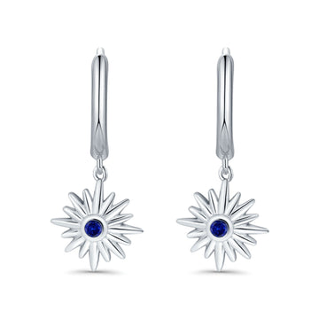 Starburst LeverBack Earrings Hoop Huggie Design Simulated Blue Sapphire CZ 925 Sterling Silver (40mm)